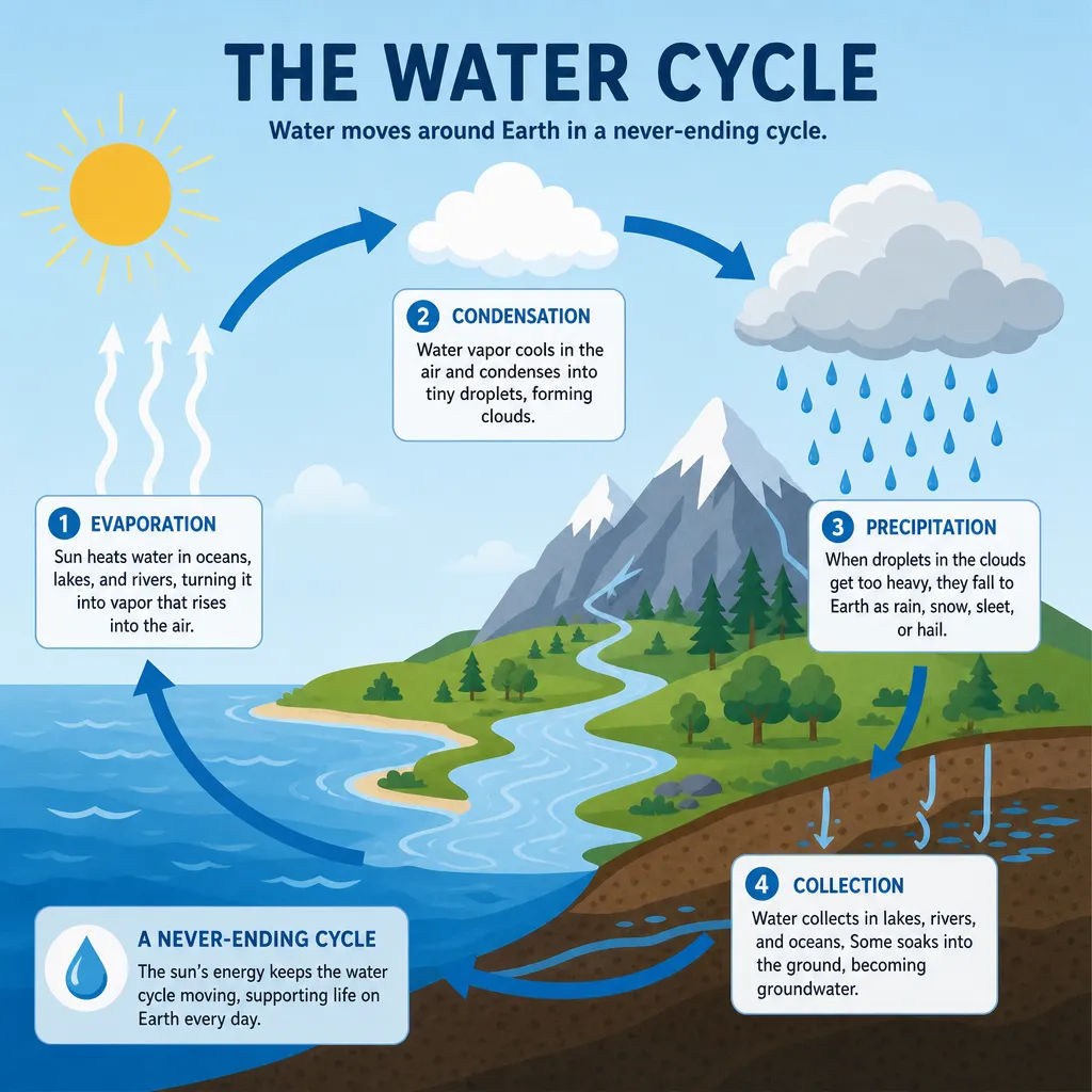 Infographic explaining the water cycle with labeled arrows