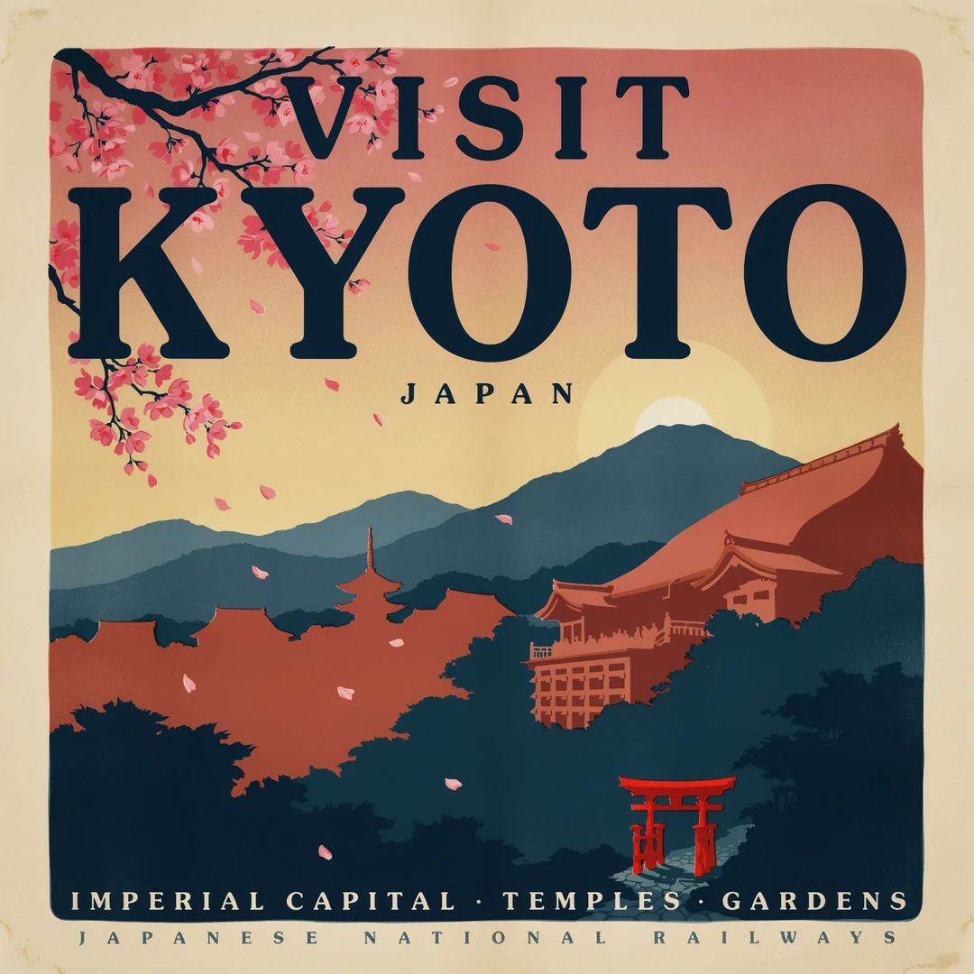 Vintage travel poster reading VISIT KYOTO in bold serif type