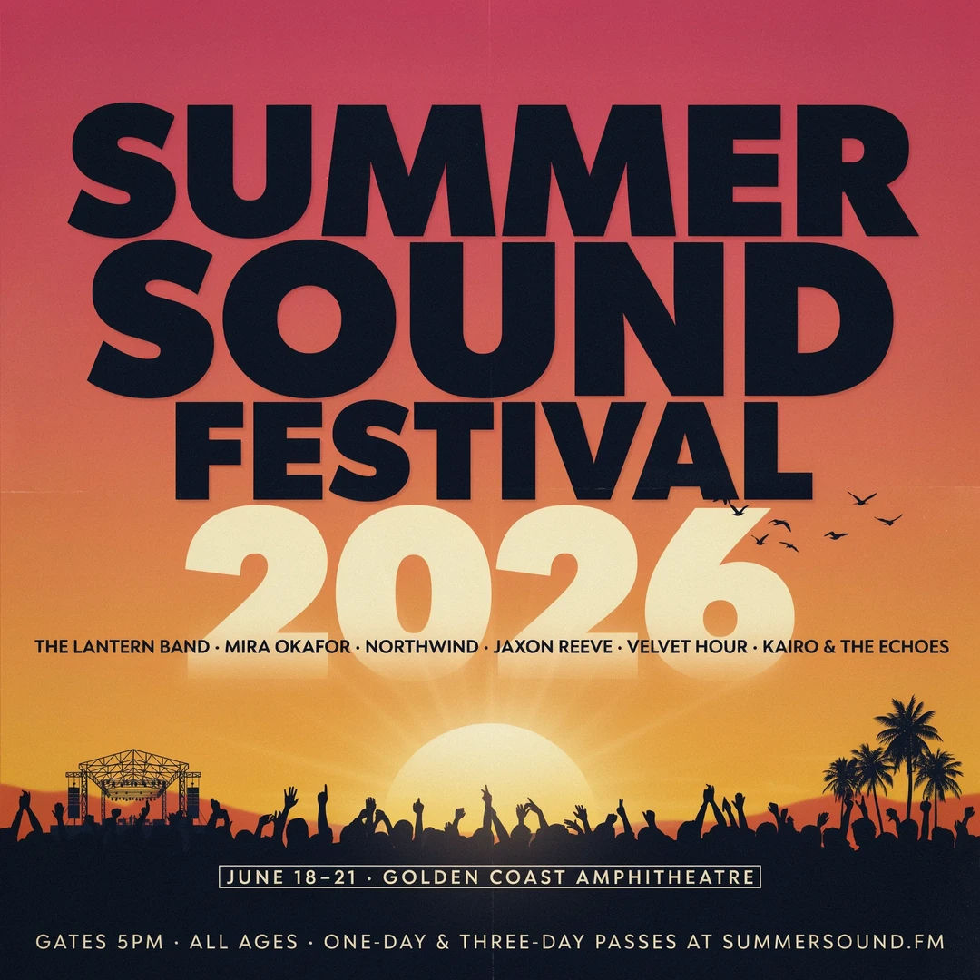 Concert poster reading SUMMER SOUND FESTIVAL 2026 over a sunset gradient