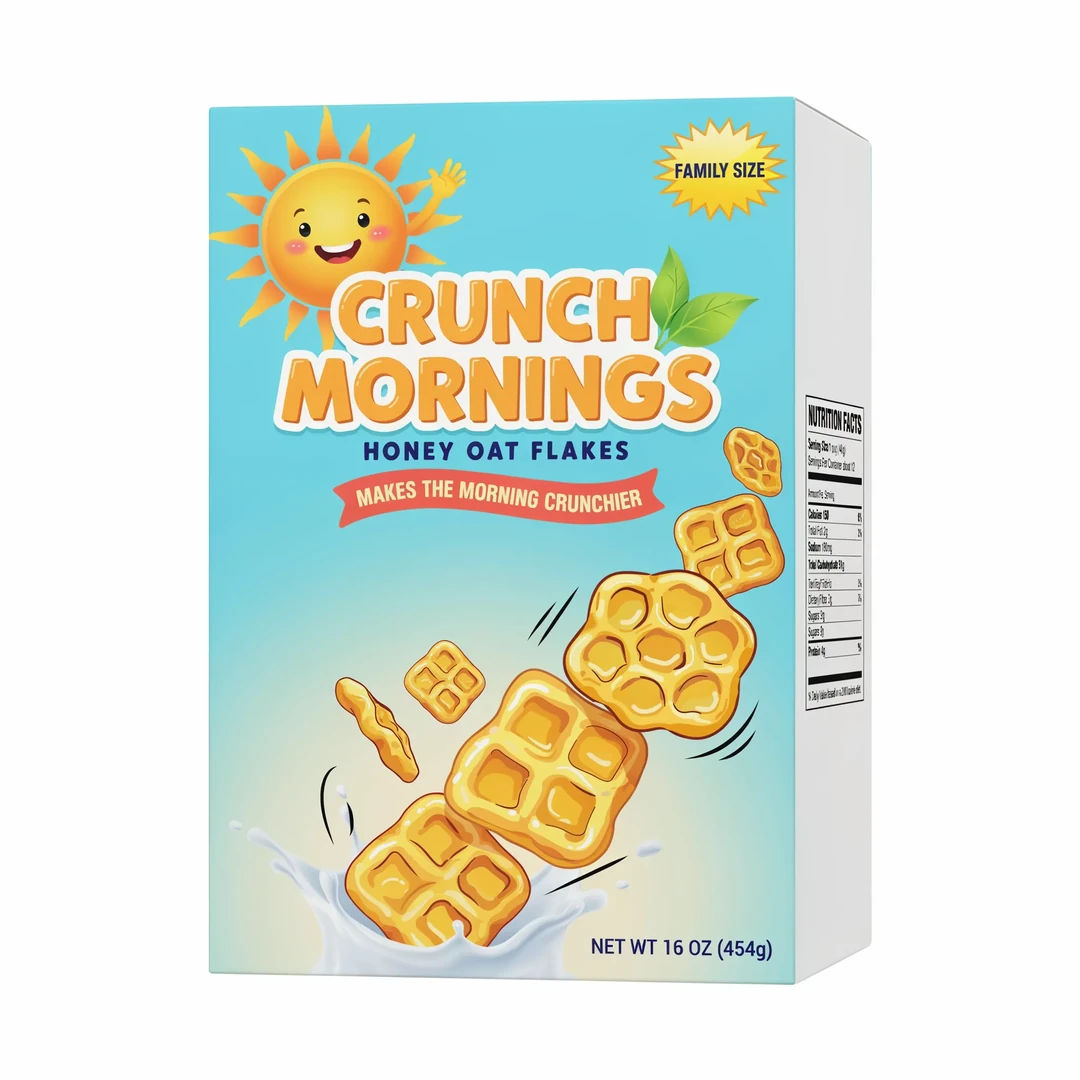 Cereal box packaging with product name CRUNCH MORNINGS and a nutrition panel