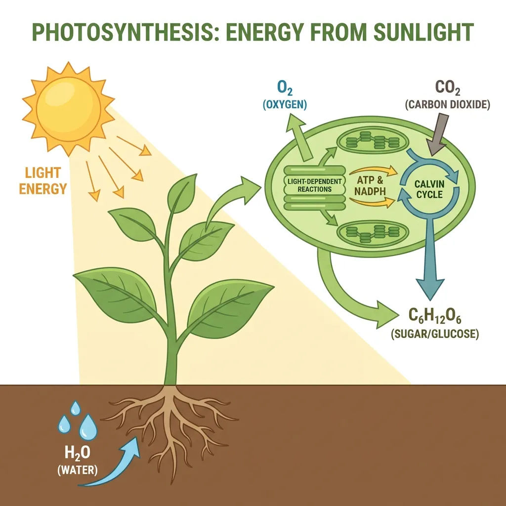 Infographic explaining photosynthesis with labeled arrows and clean typography