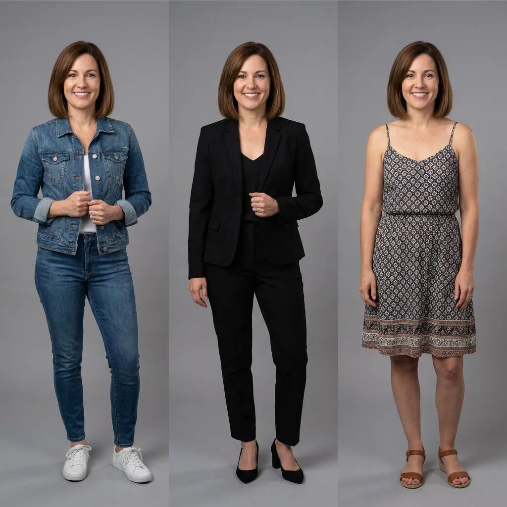 Three panels of the same character in different outfits with a consistent face