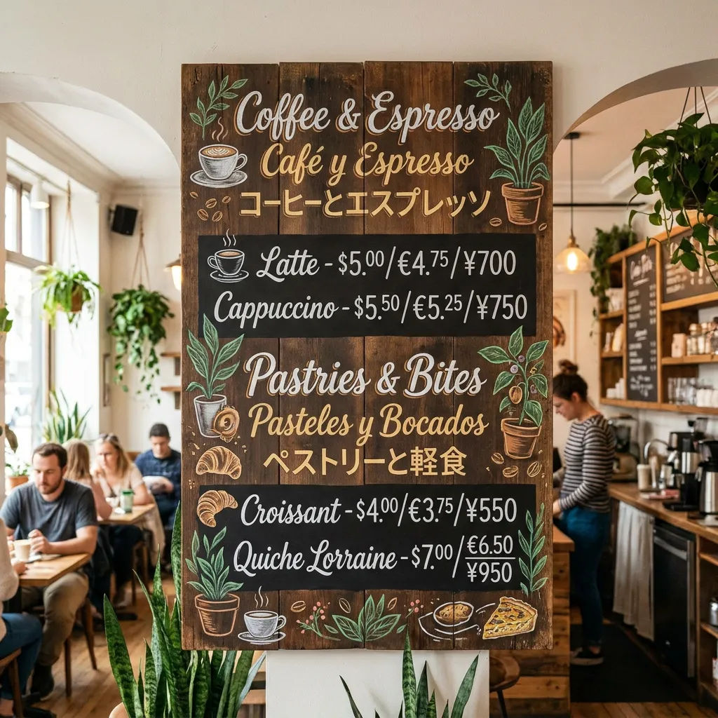 Cafe menu board with legible prices and multilingual items