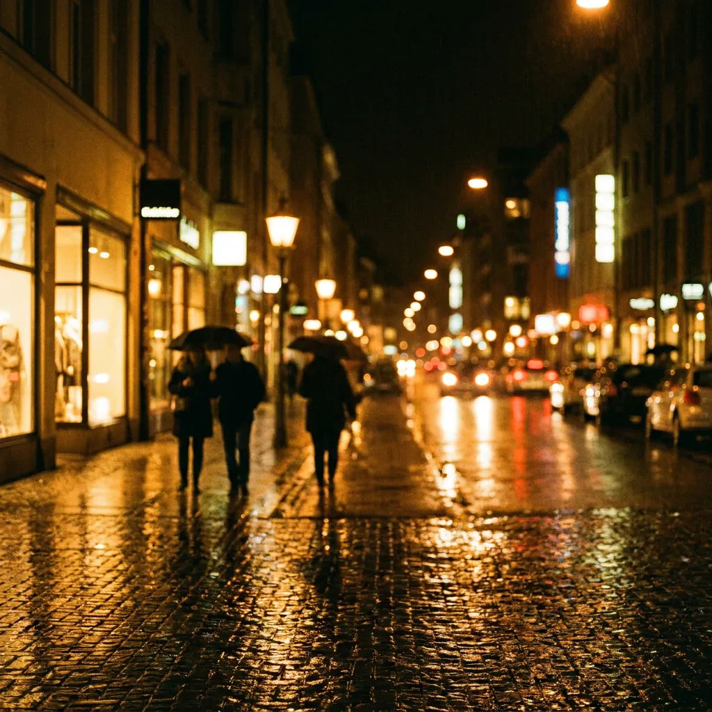 Daytime street photo relit as a moody night scene with soft bokeh