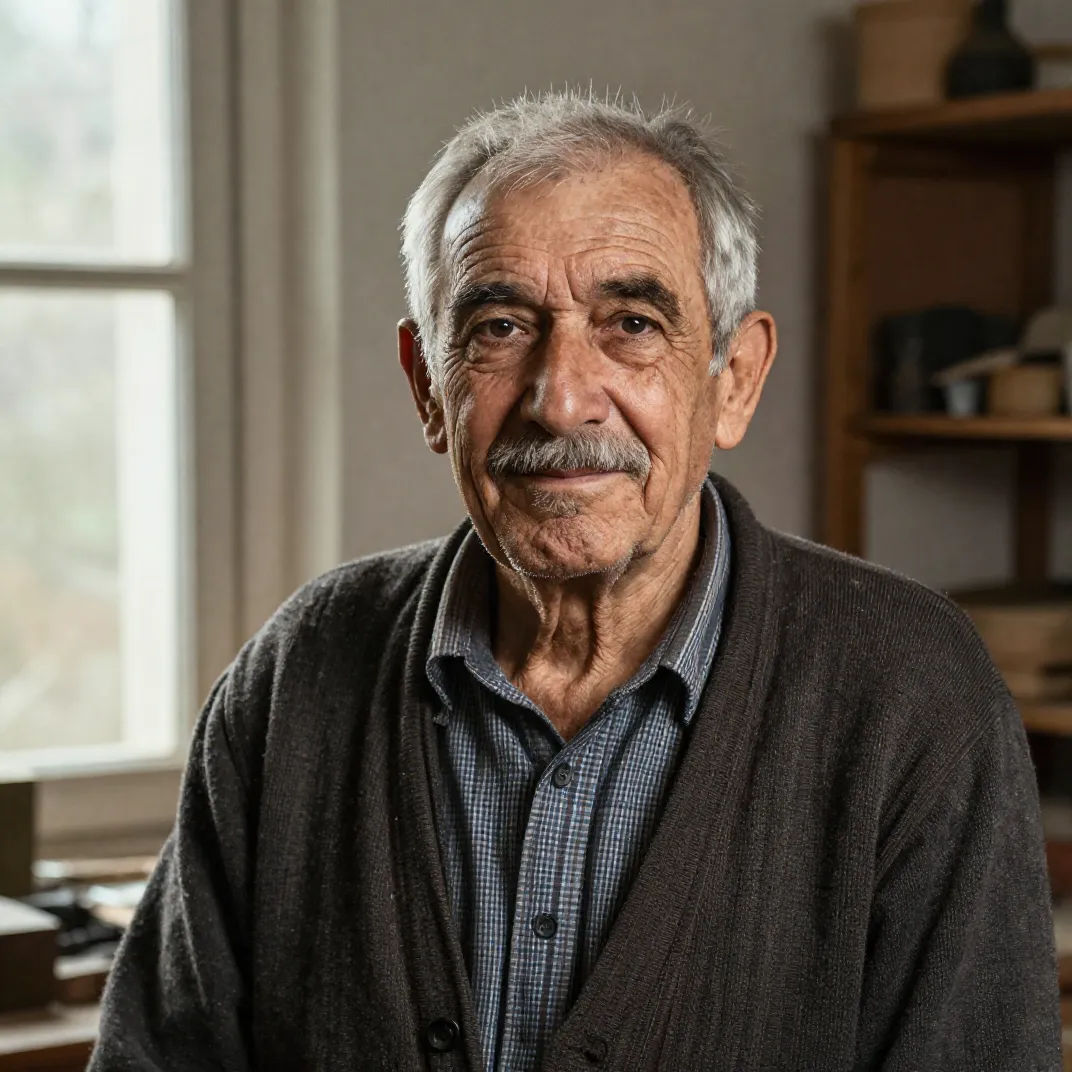 Studio portrait of an elderly craftsman in natural window light