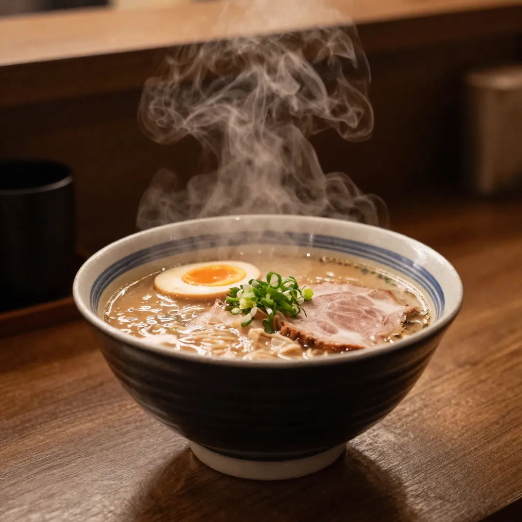 Photorealistic ramen bowl with steam rising in warm counter light