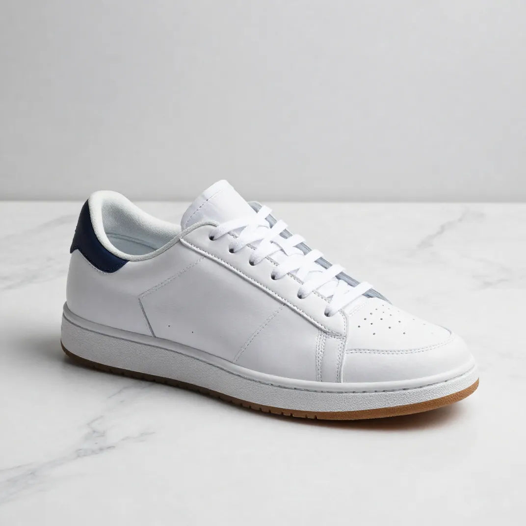 Photorealistic sneaker on marble with soft shadows in clean studio light