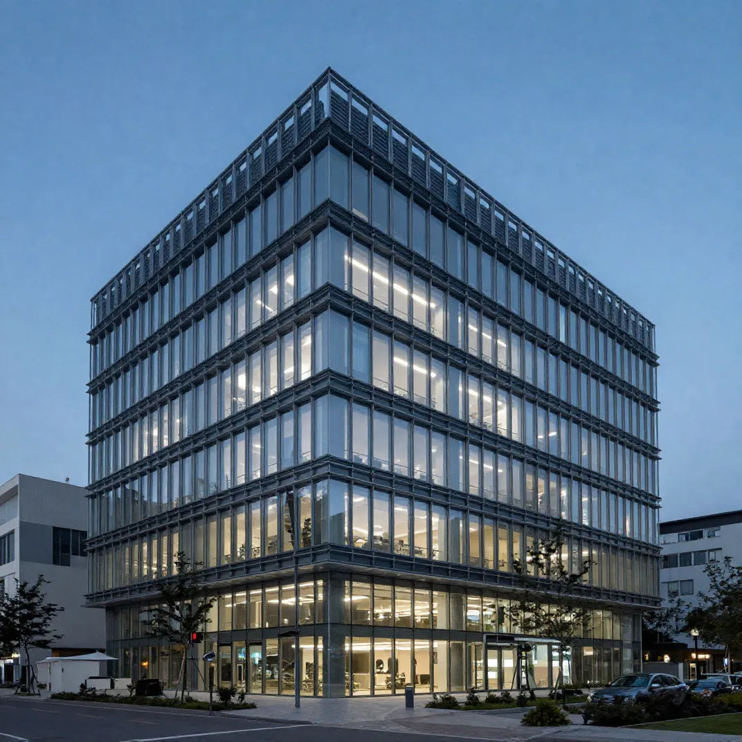 Photorealistic modern glass office building at dusk in blue hour