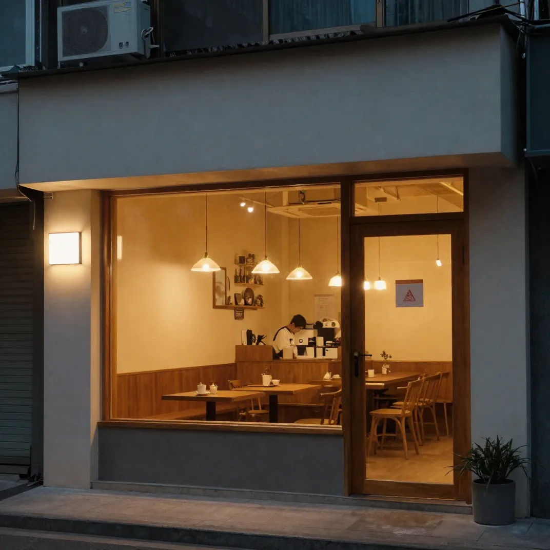 Cozy cafe storefront at dusk with a warm window glow