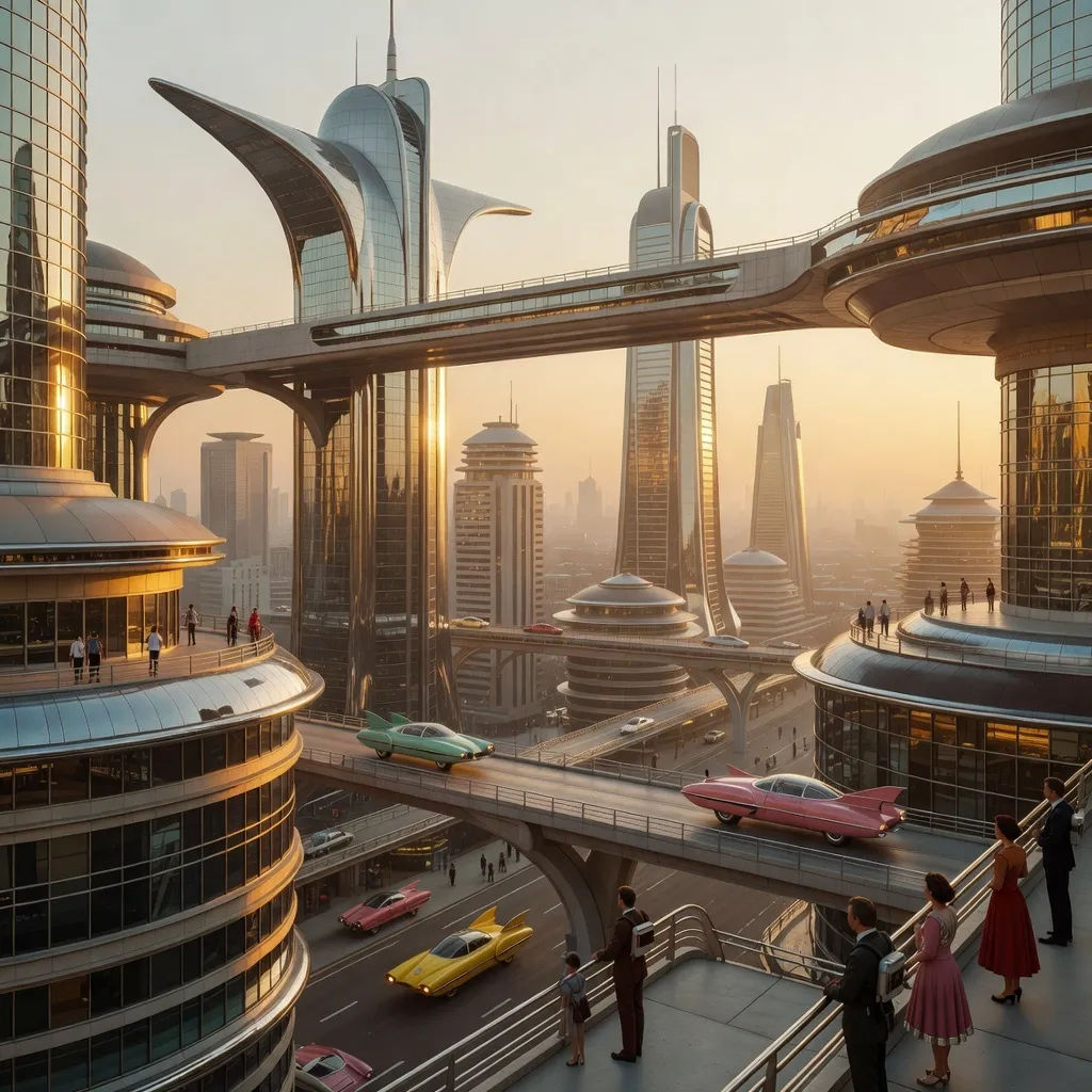 Retro-future city at golden hour with sweeping perspective and warm haze