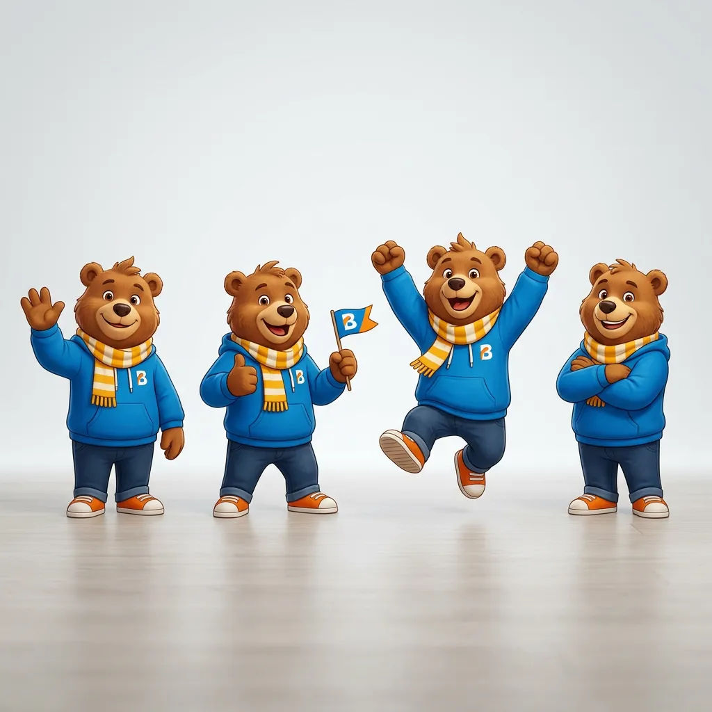 Brand mascot shown in four poses as the same consistent character