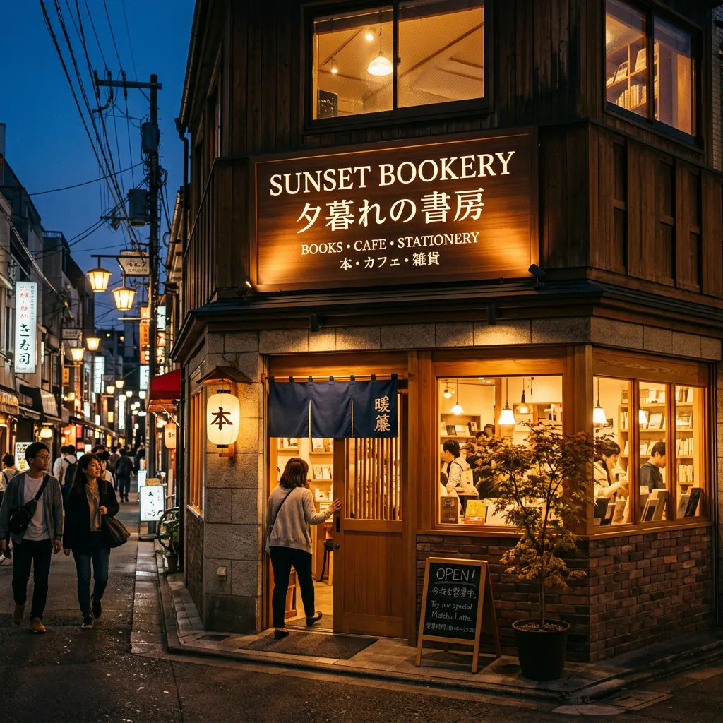 Storefront sign with legible text in English and Japanese in warm evening light
