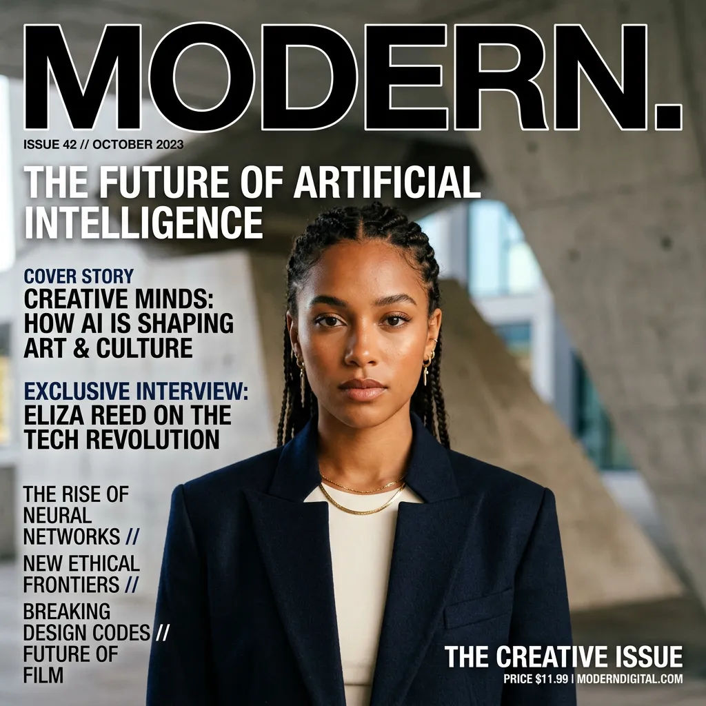 Magazine cover with a bold masthead and a single portrait in a clean layout