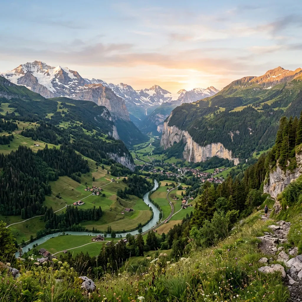 Sweeping ultra-wide mountain valley at dawn with crisp natural detail