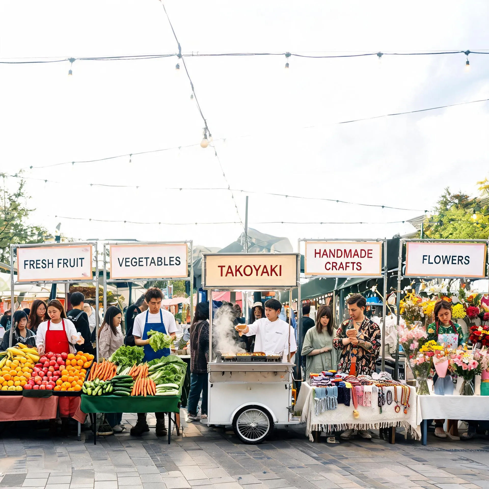 Busy market scene with five vendors and distinct stalls in correct positions