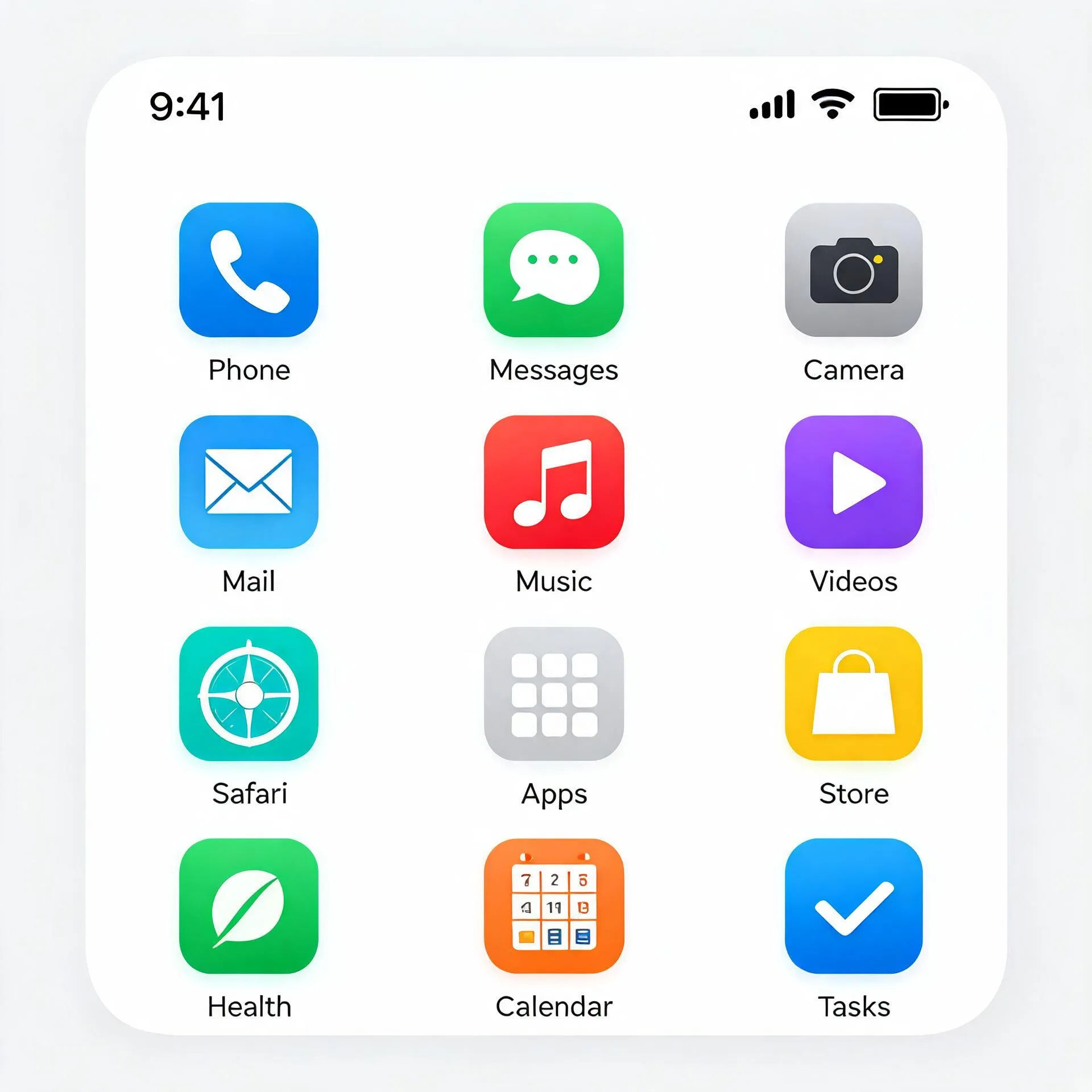Mobile app home screen concept with a tidy grid and legible labels