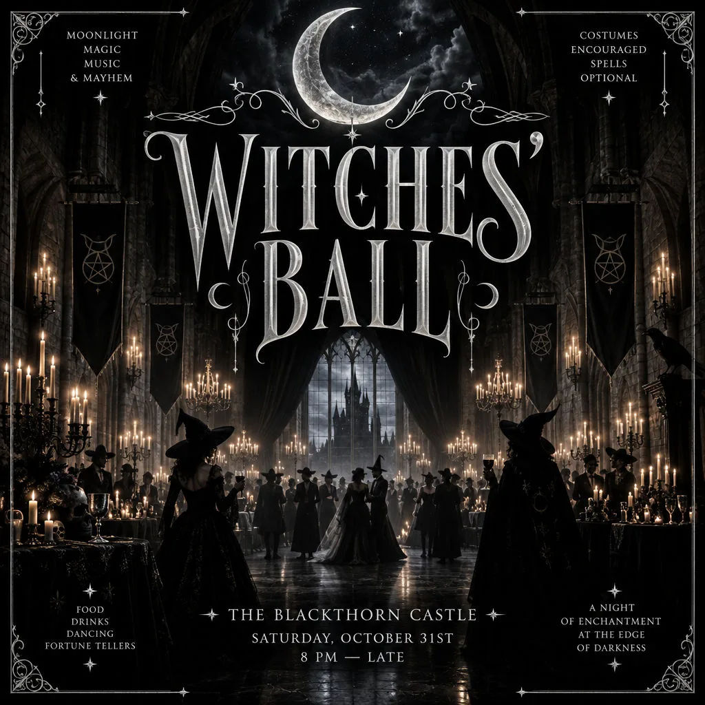 Gothic Halloween ball poster with a crescent moon over a candlelit hall