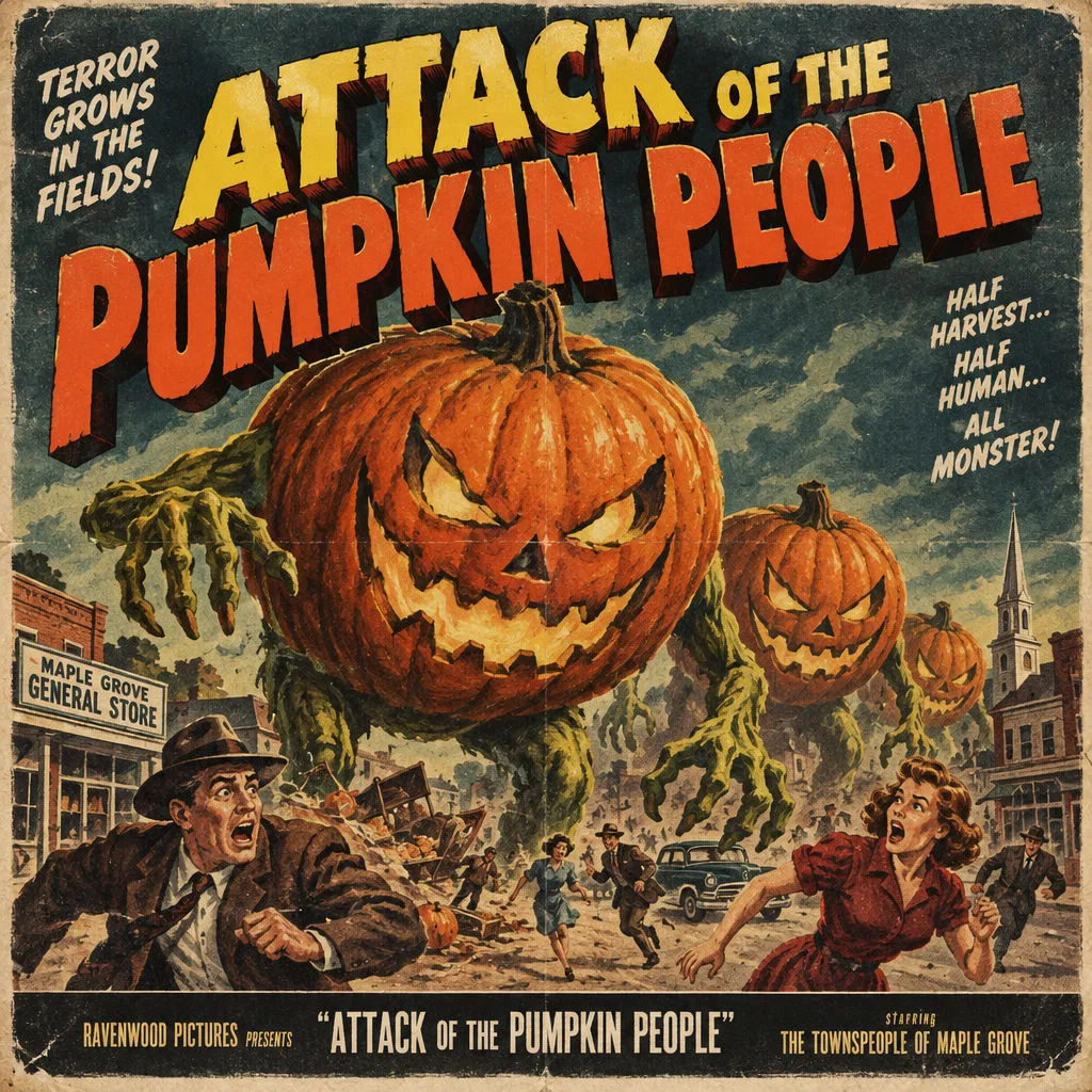 Retro pulp Halloween poster of giant pumpkins chasing townspeople