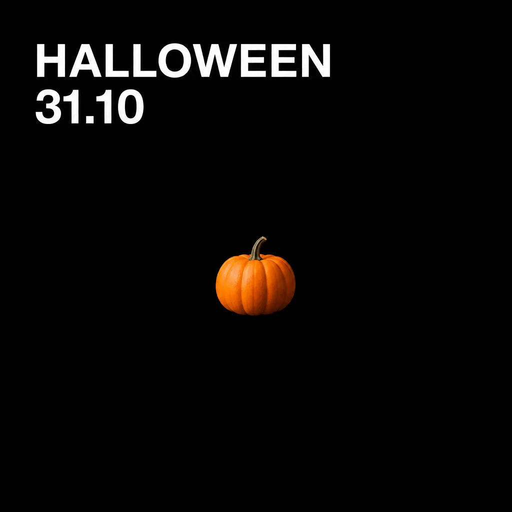Minimalist Halloween poster with one small pumpkin on black