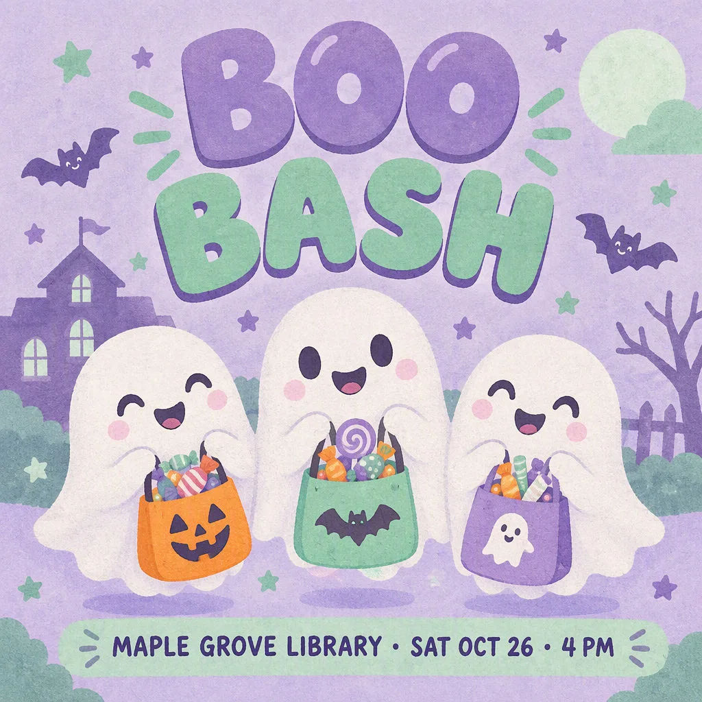 Pastel kids Halloween party poster with three smiling ghosts