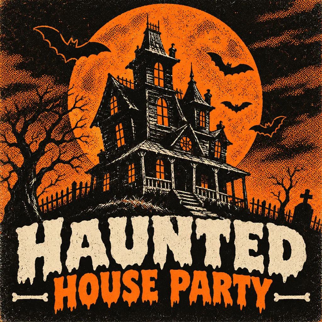Screen-print Halloween poster of a haunted mansion under an orange moon
