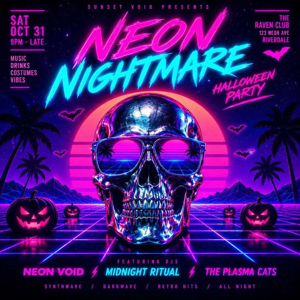 Neon synthwave Halloween party poster with a chrome skull