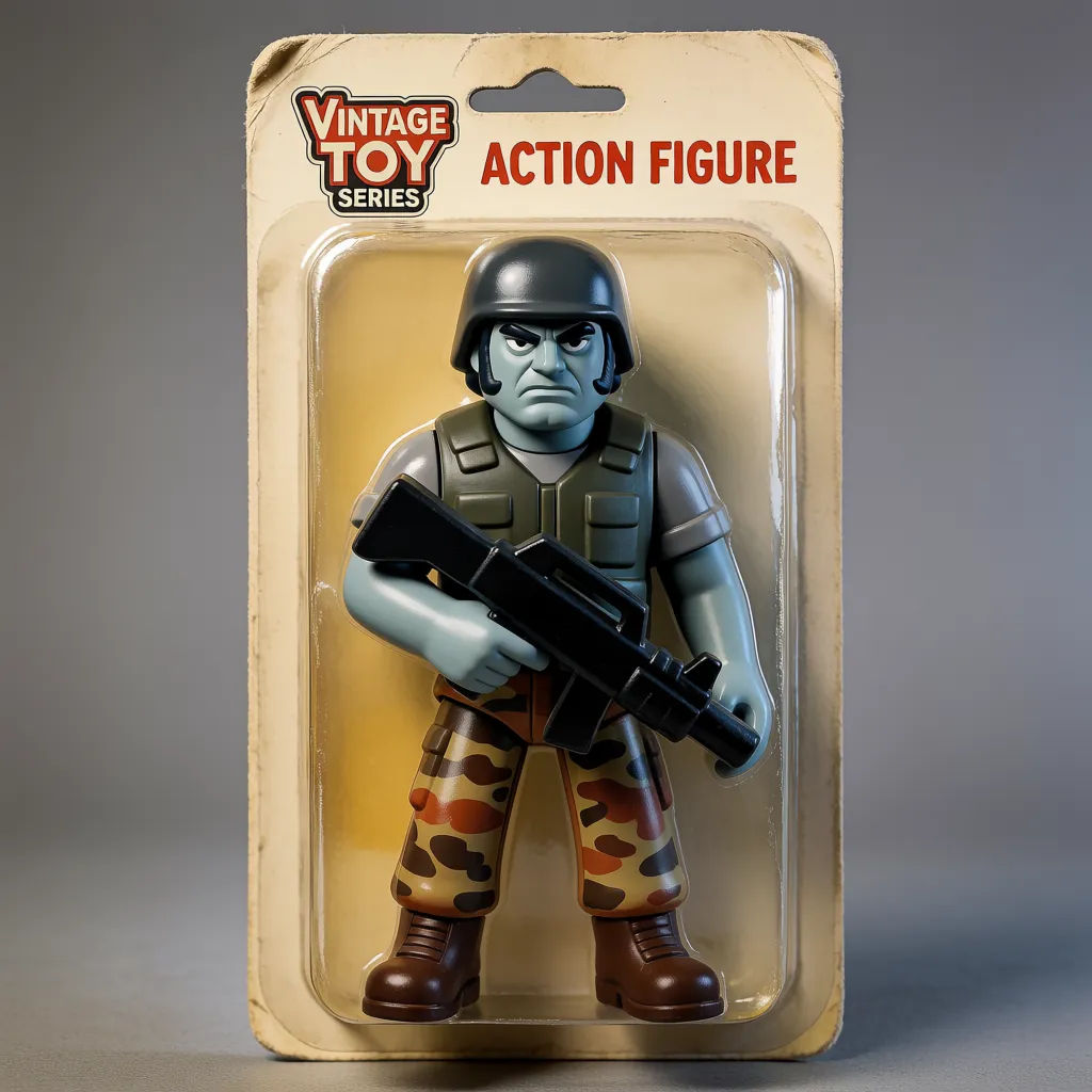 Vintage 1980s action figure on worn cardboard backing with a retro logo