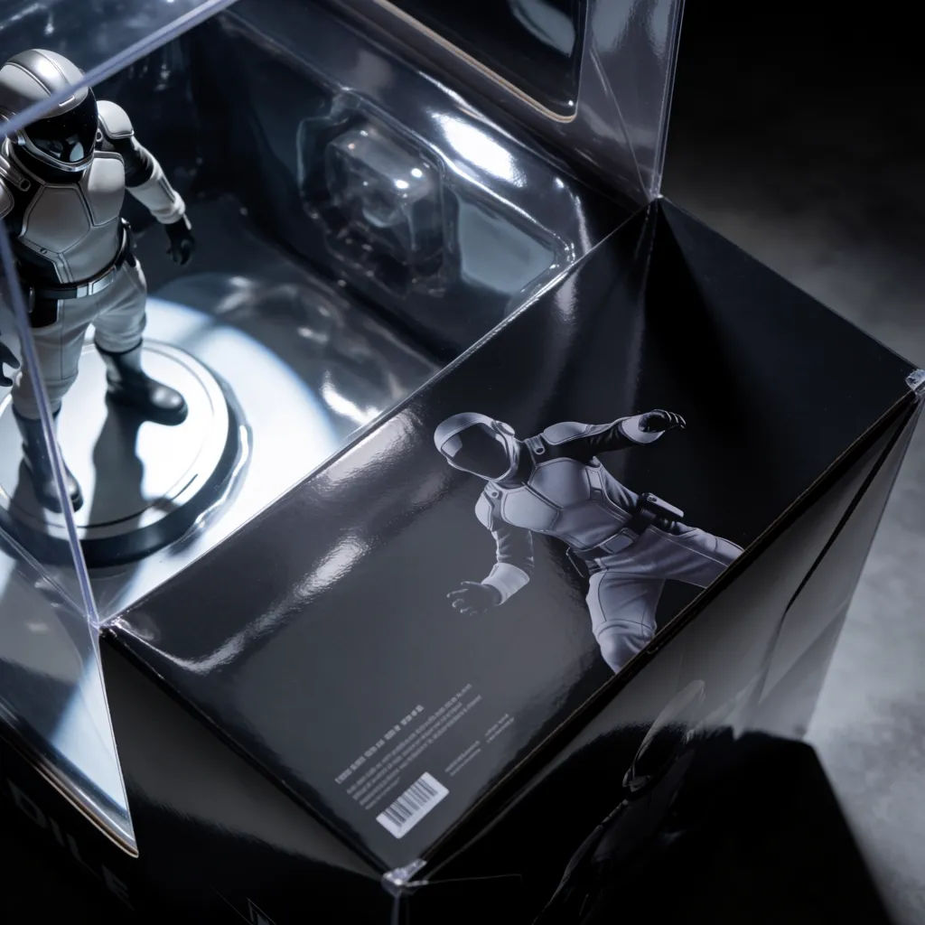 Premium collector figure in a glossy window box with a display base