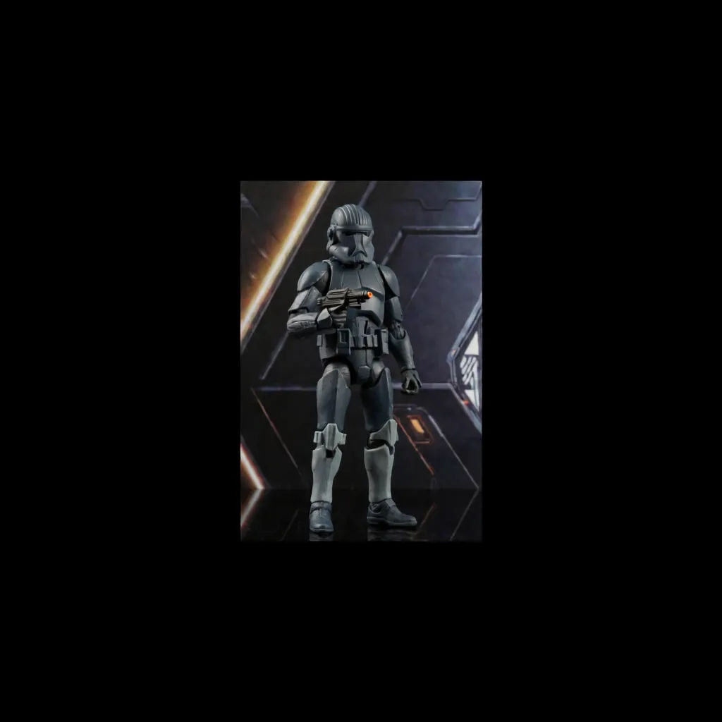 Sci-fi trooper action figure with armor and blaster on a dark blister card