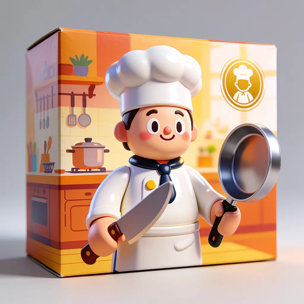 Chef action figure with tiny pan and knife accessories on a kitchen-themed box