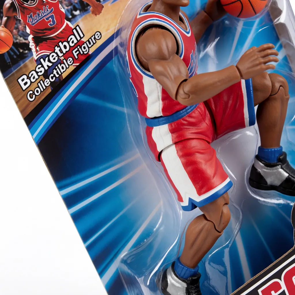 Basketball player action figure with jersey and ball in sporty packaging