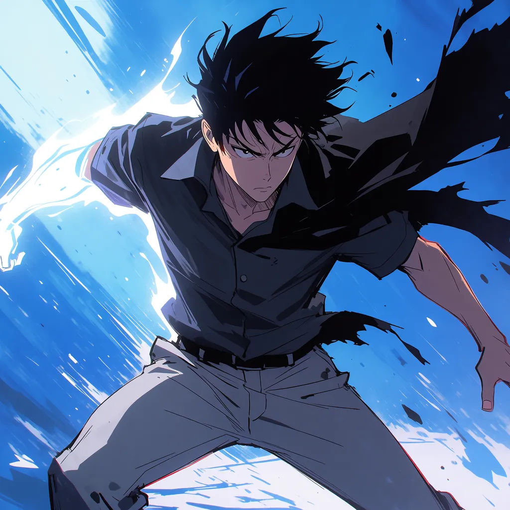 Shonen anime hero with spiky hair in a dynamic pose with bold cel shading