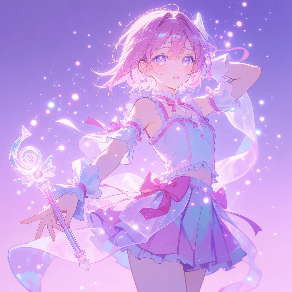 Anime magical girl in a pastel outfit with sparkles and soft rim light