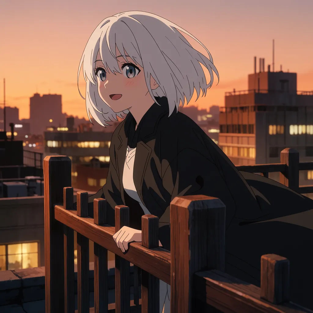 Anime heroine with silver hair on a city rooftop at dusk with cel shading