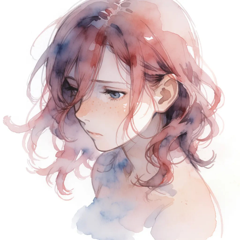 Anime portrait with soft watercolor shading, a gentle expression, and muted tones