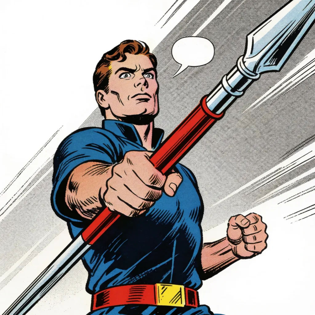 Western comic panel of a hero mid-action with bold ink lines and halftone