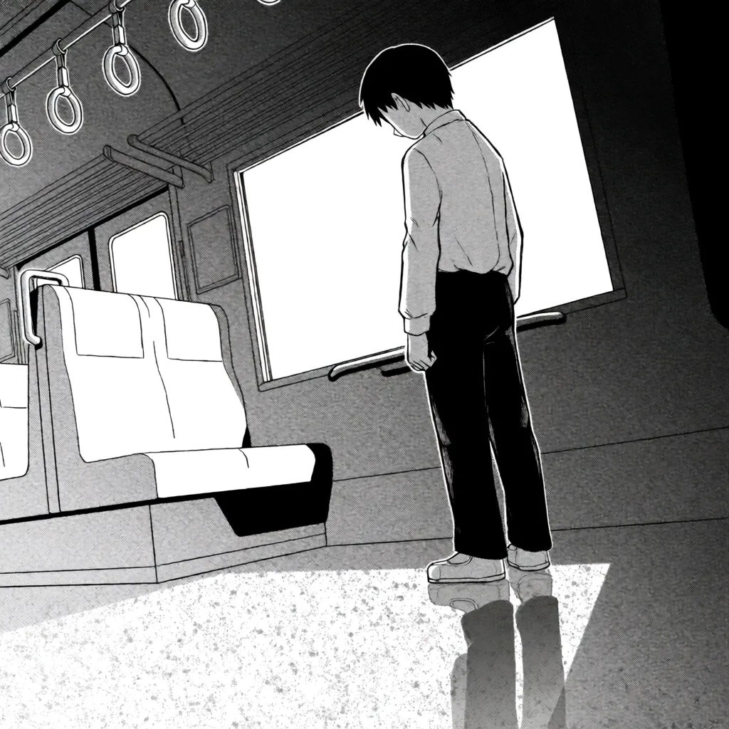 Manga panel of a student on a train with soft screentone and a dramatic angle