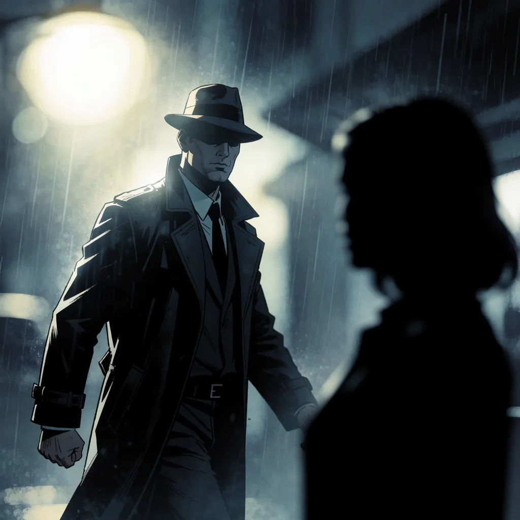 Noir comic panel of a detective in the rain with high contrast and deep shadows