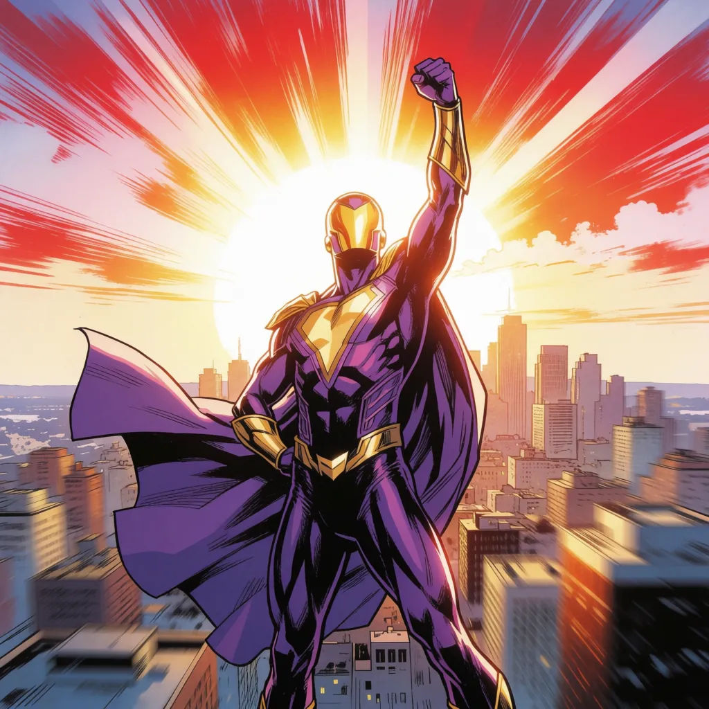 Superhero splash page with a dynamic pose over a city skyline in vivid color