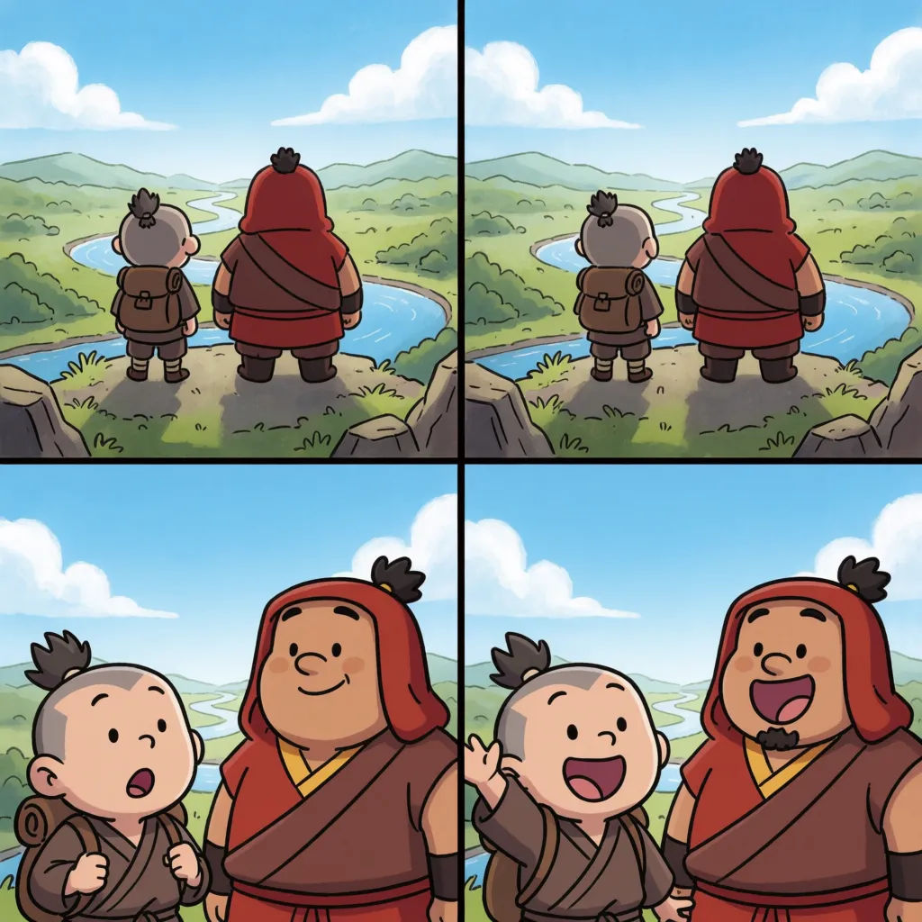 Four-panel cartoon strip with simple shapes and playful expressions