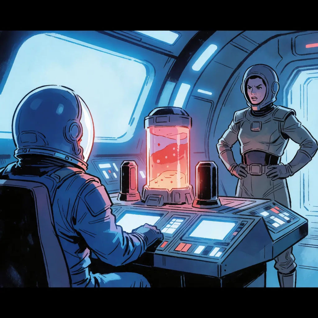 Sci-fi comic panel of a spaceship interior with a cool palette and clean linework