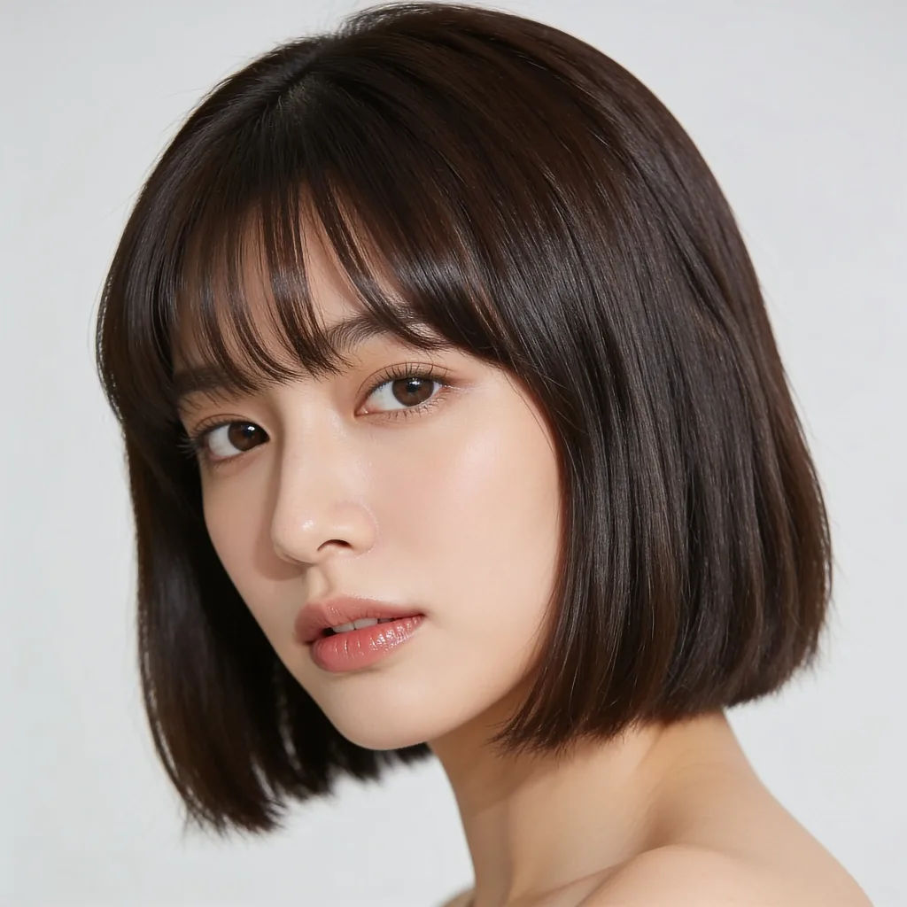 Selfie edited into a blunt shoulder-length bob with curtain bangs