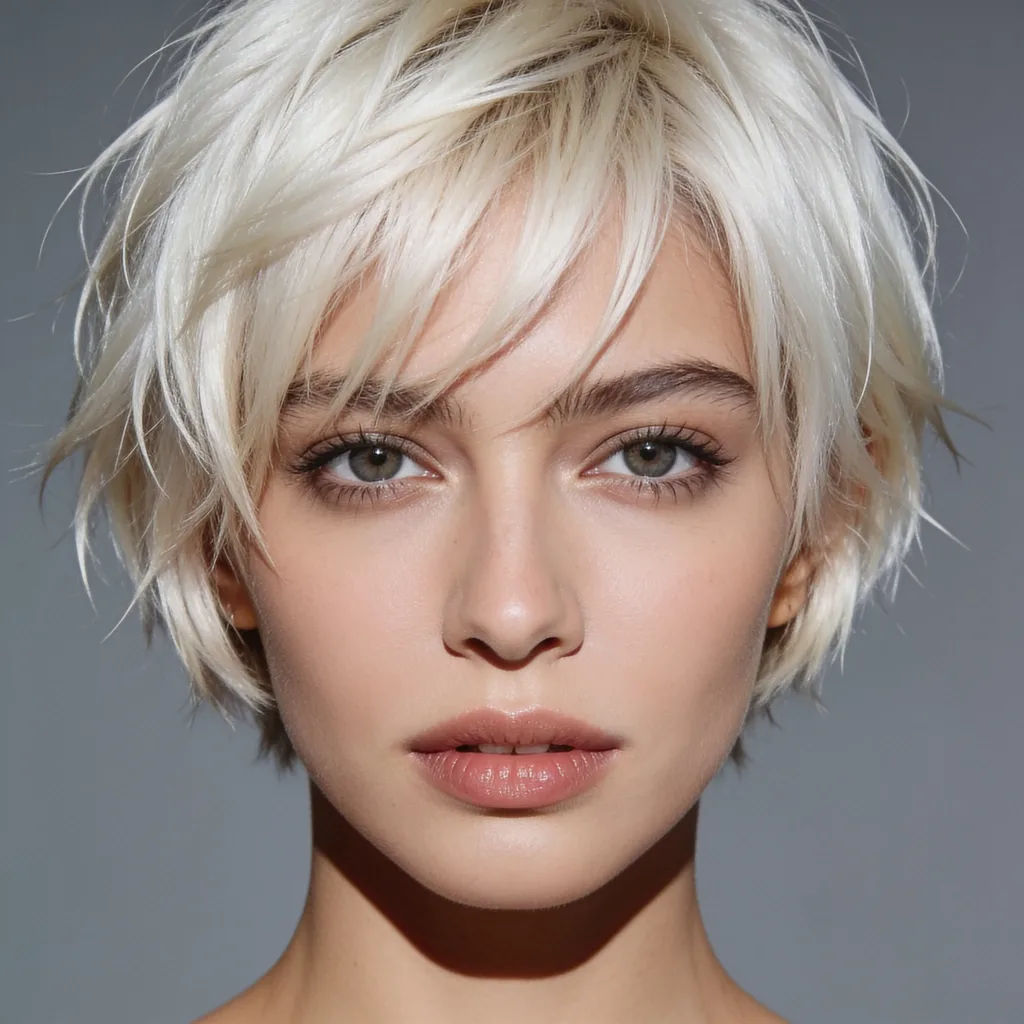 Selfie edited into a platinum blonde pixie cut with soft texture