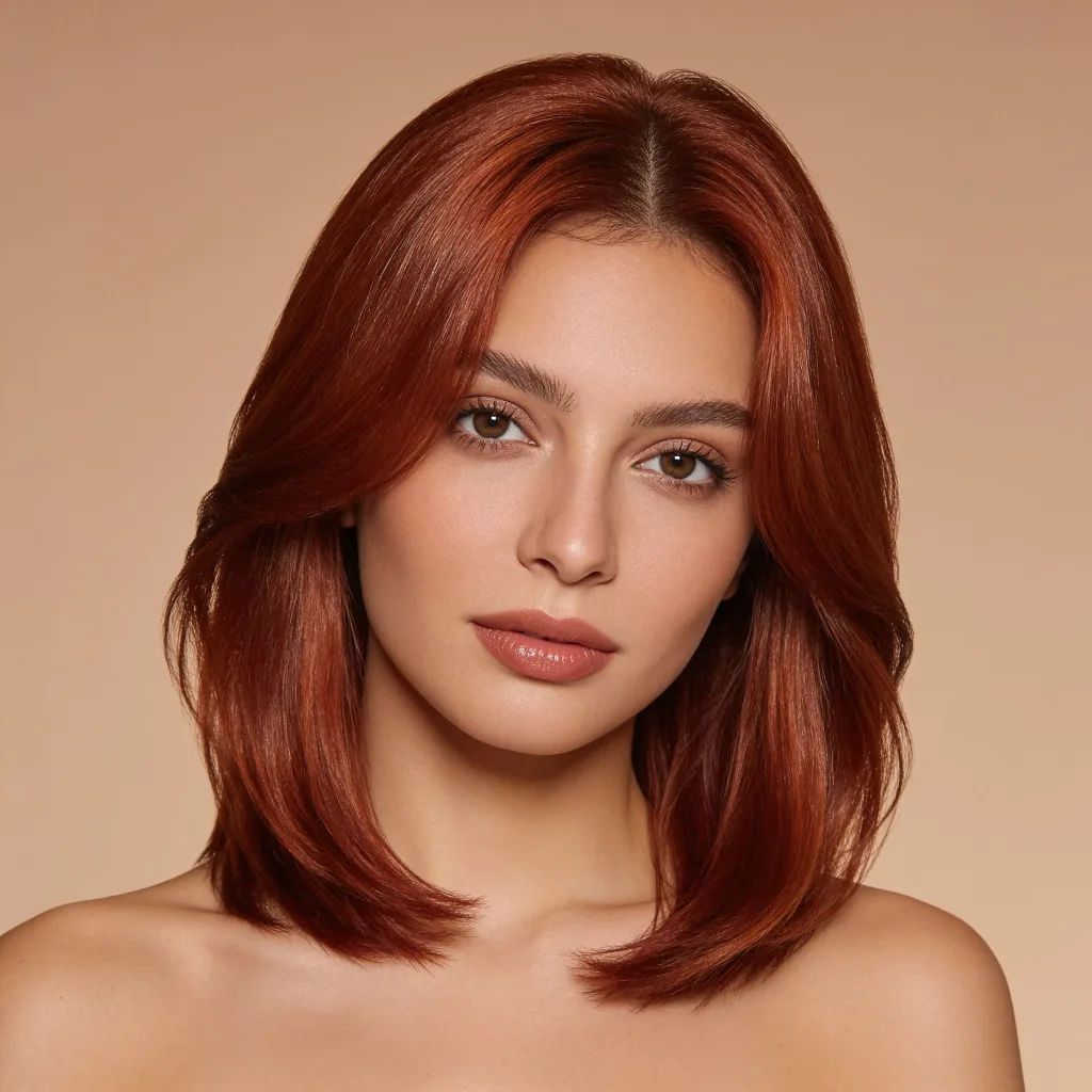 Selfie with hair recolored to a rich copper red at the same length