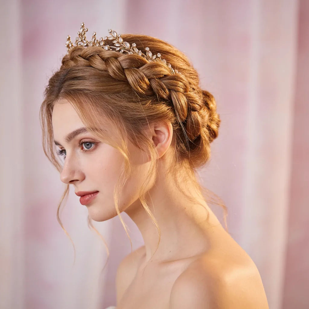 Selfie styled into a braided crown updo with a few loose strands
