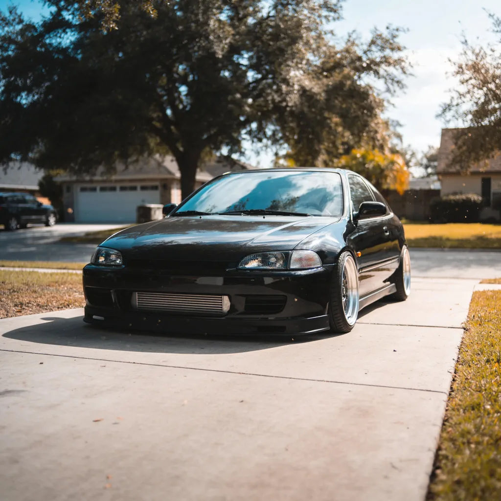 Photo with a red car changed to matte black while reflections are kept