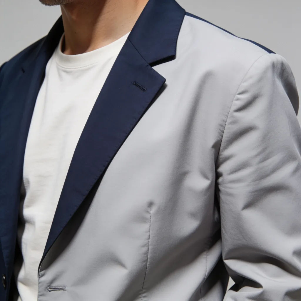 Person's t-shirt changed to a navy blazer matching the lighting