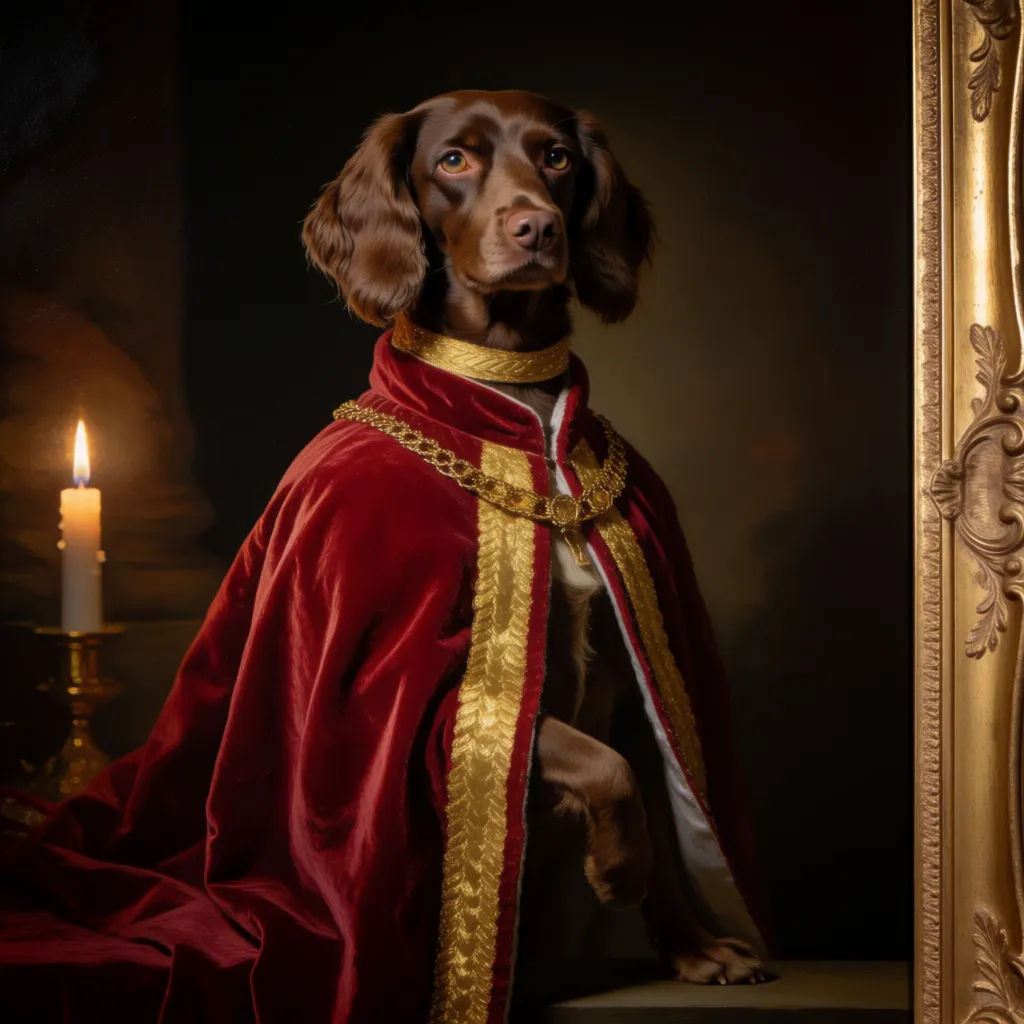 Royal oil painting of a dog in a velvet robe with a gold frame and regal pose