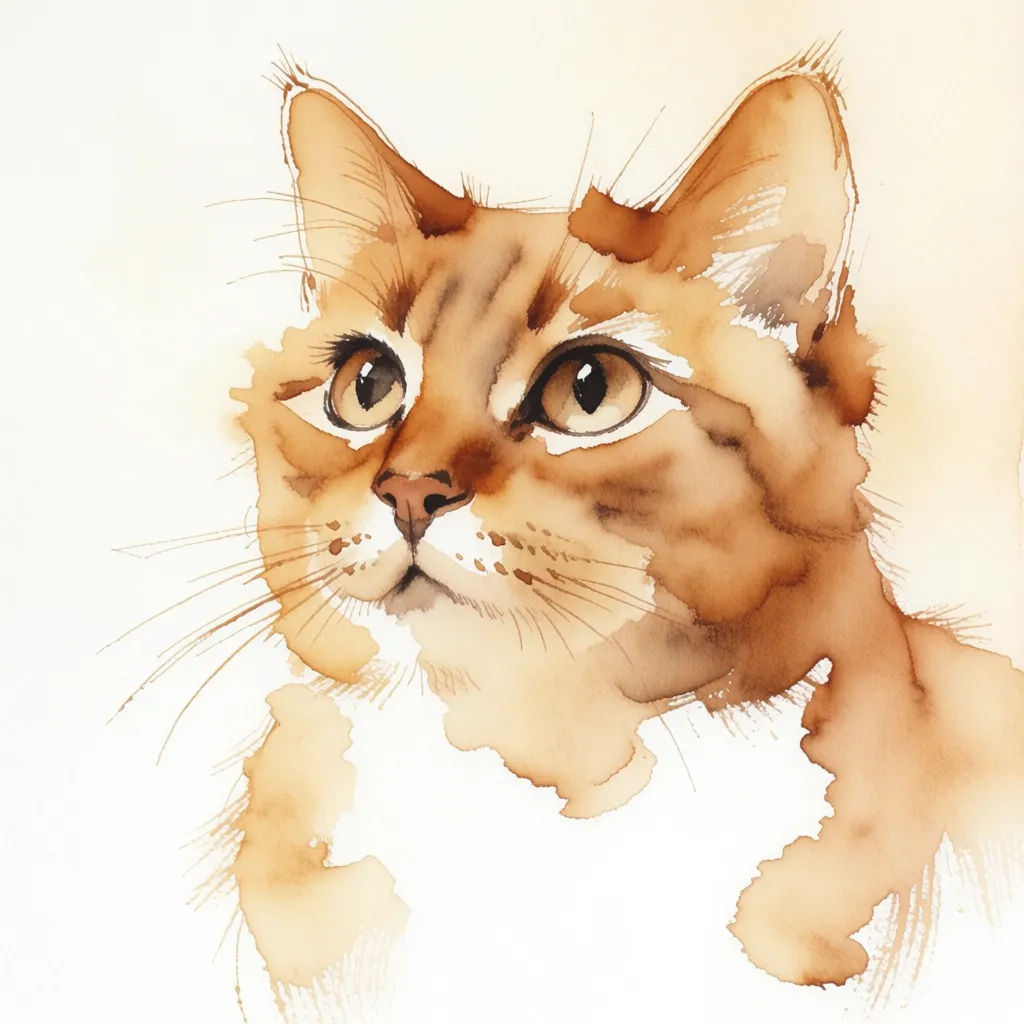 Watercolor portrait of a cat with soft washes and a warm background