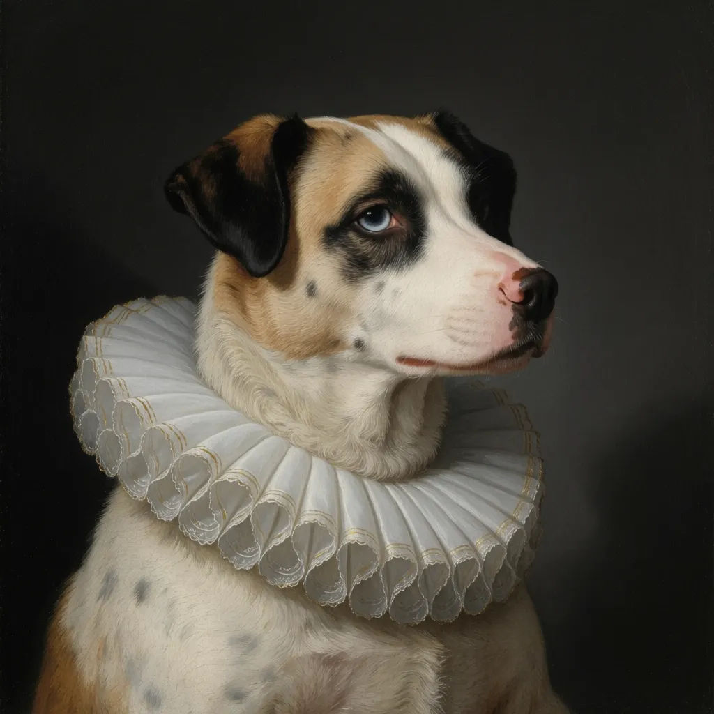 Renaissance noble portrait of a dog with a ruffled collar and dark backdrop